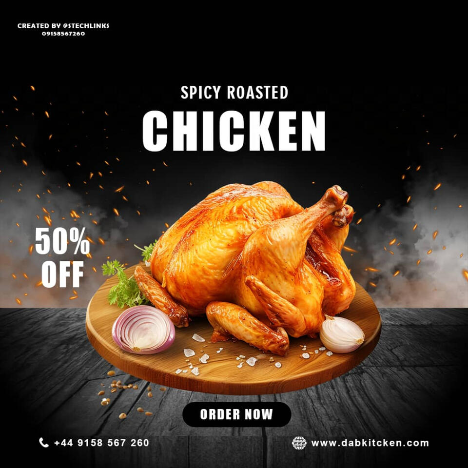 Spicy Roasted Chicken Design uses bold reds and warm tones with rustic textures to highlight the dish’s fiery flavor and irresistible appeal.